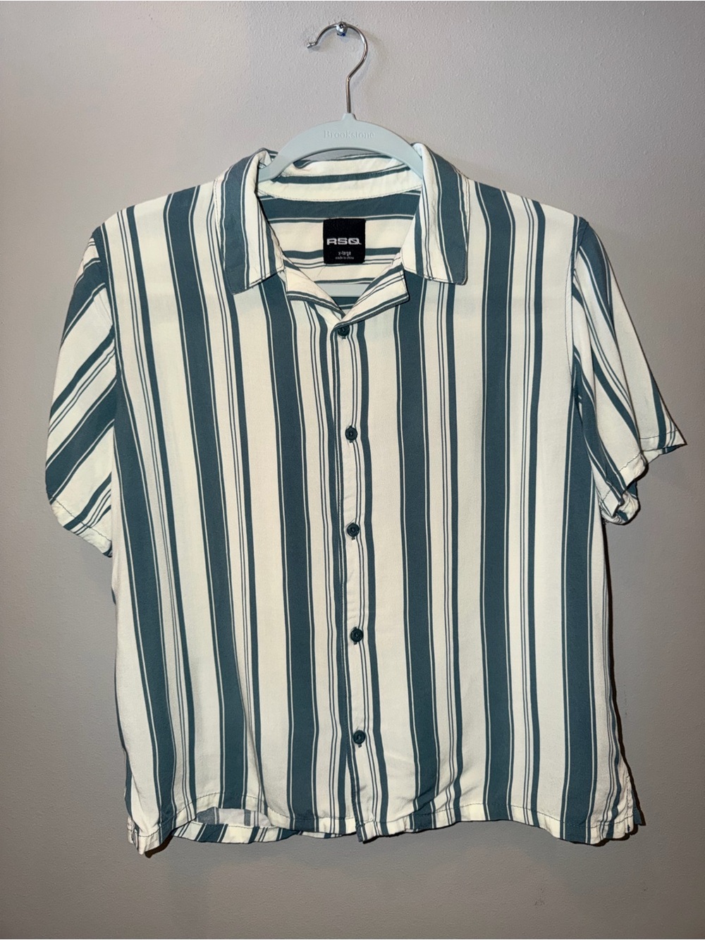 RSQ Men’s Teal and White Vertical Stripe Camp Shirt